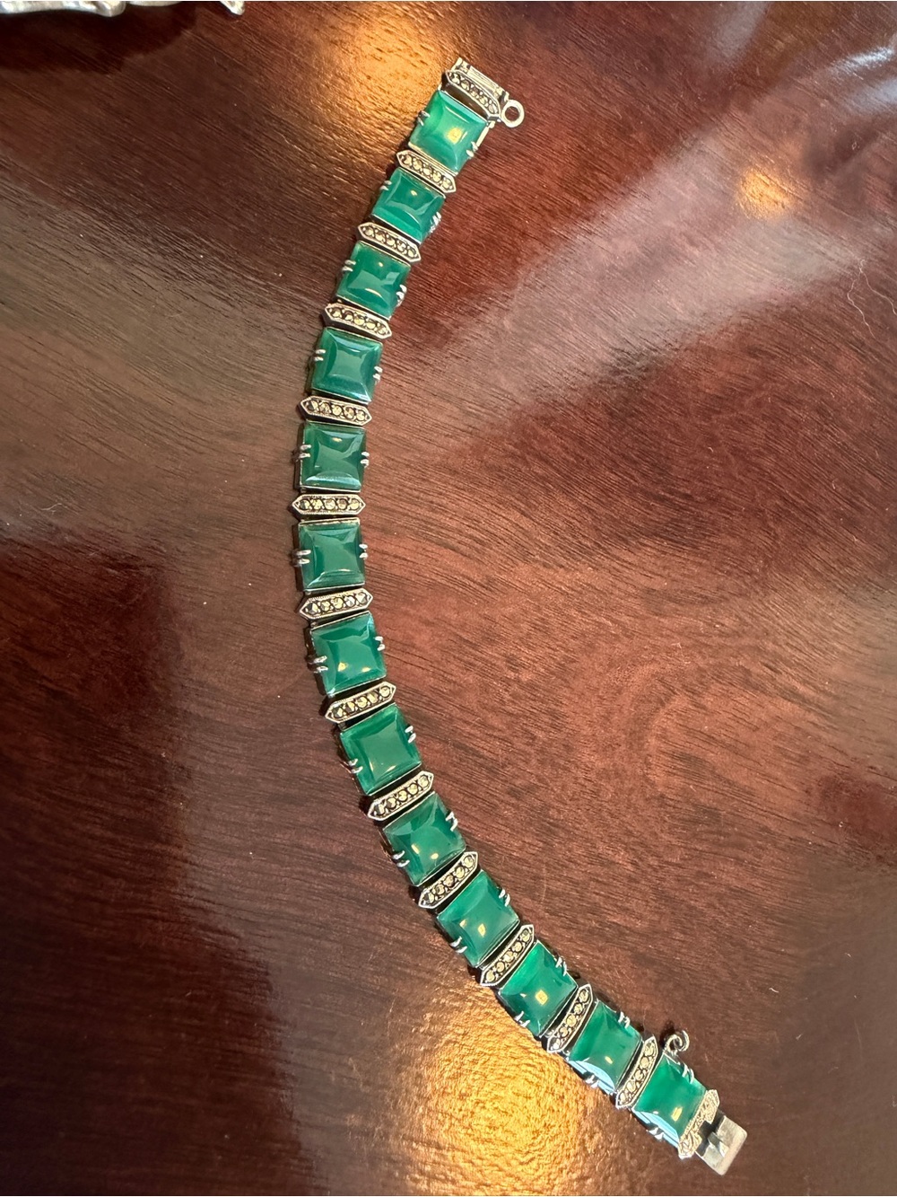 Wachenheimer Chrysoprase Sterling Silver Antique Bracelet Marcasite Accents 7”